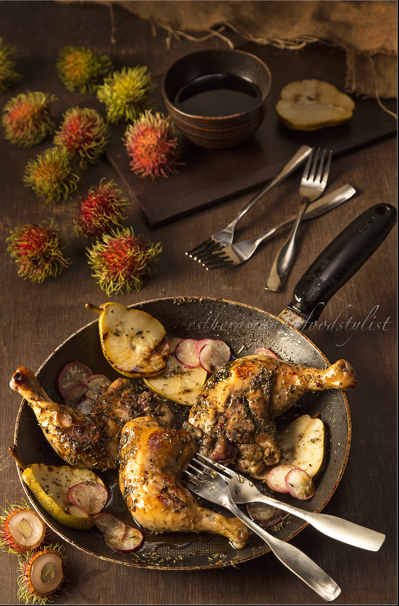 Barbequed chicken with roasted pears,food styling